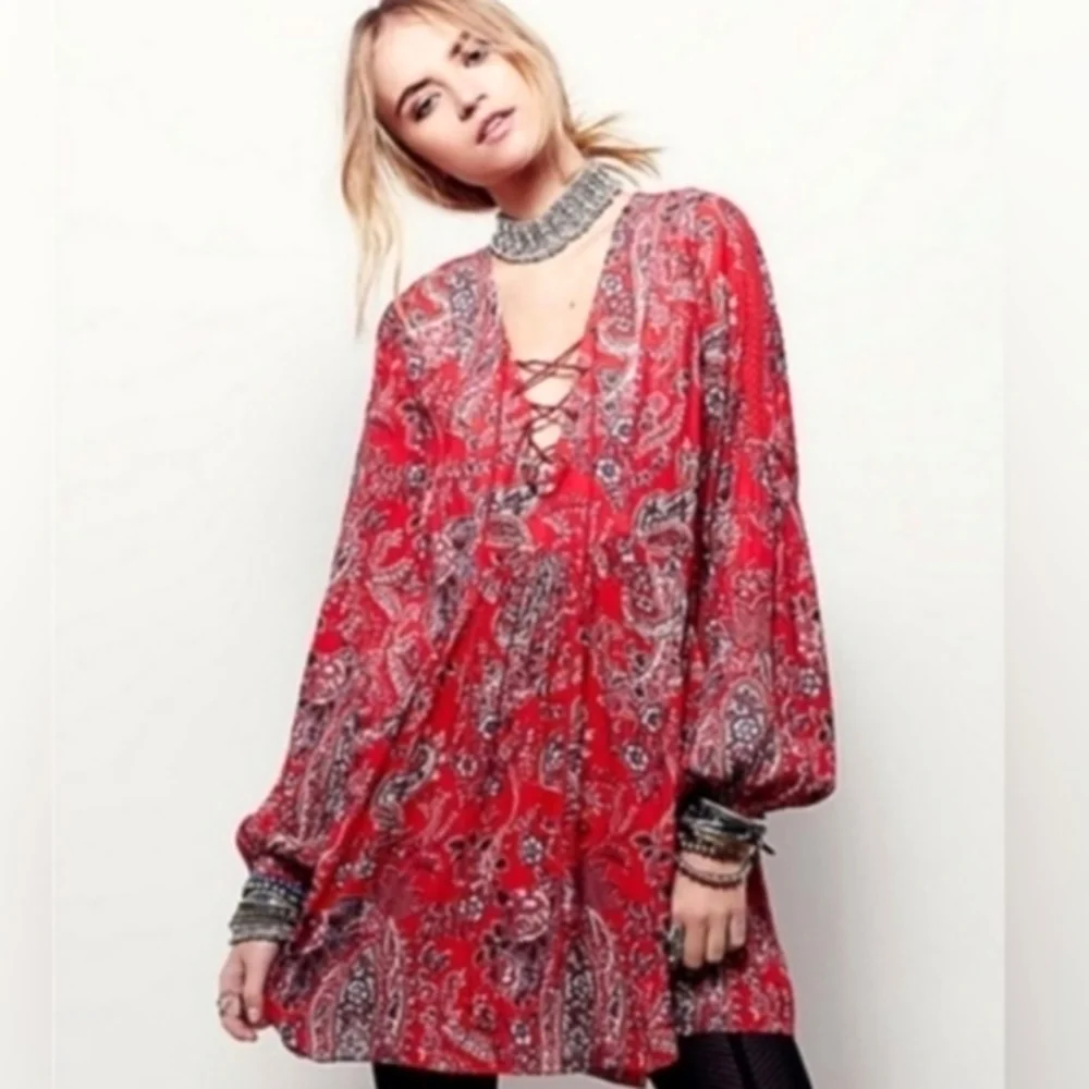 Free People Red Rain‎ or Shine Paisley Tunic Top